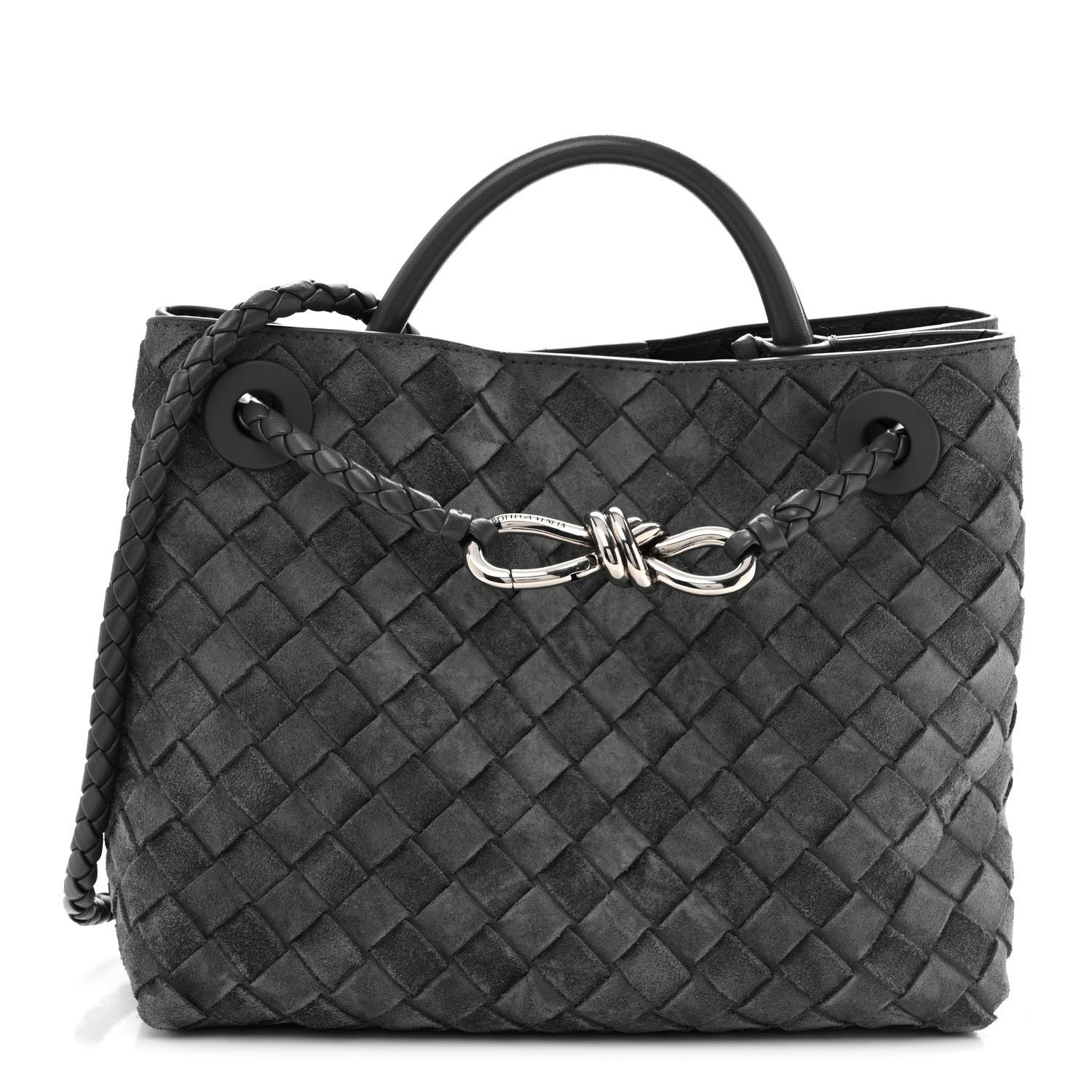 Bottega Veneta Suede Intrecciato Small Andiamo Shoulder Bag Graphite