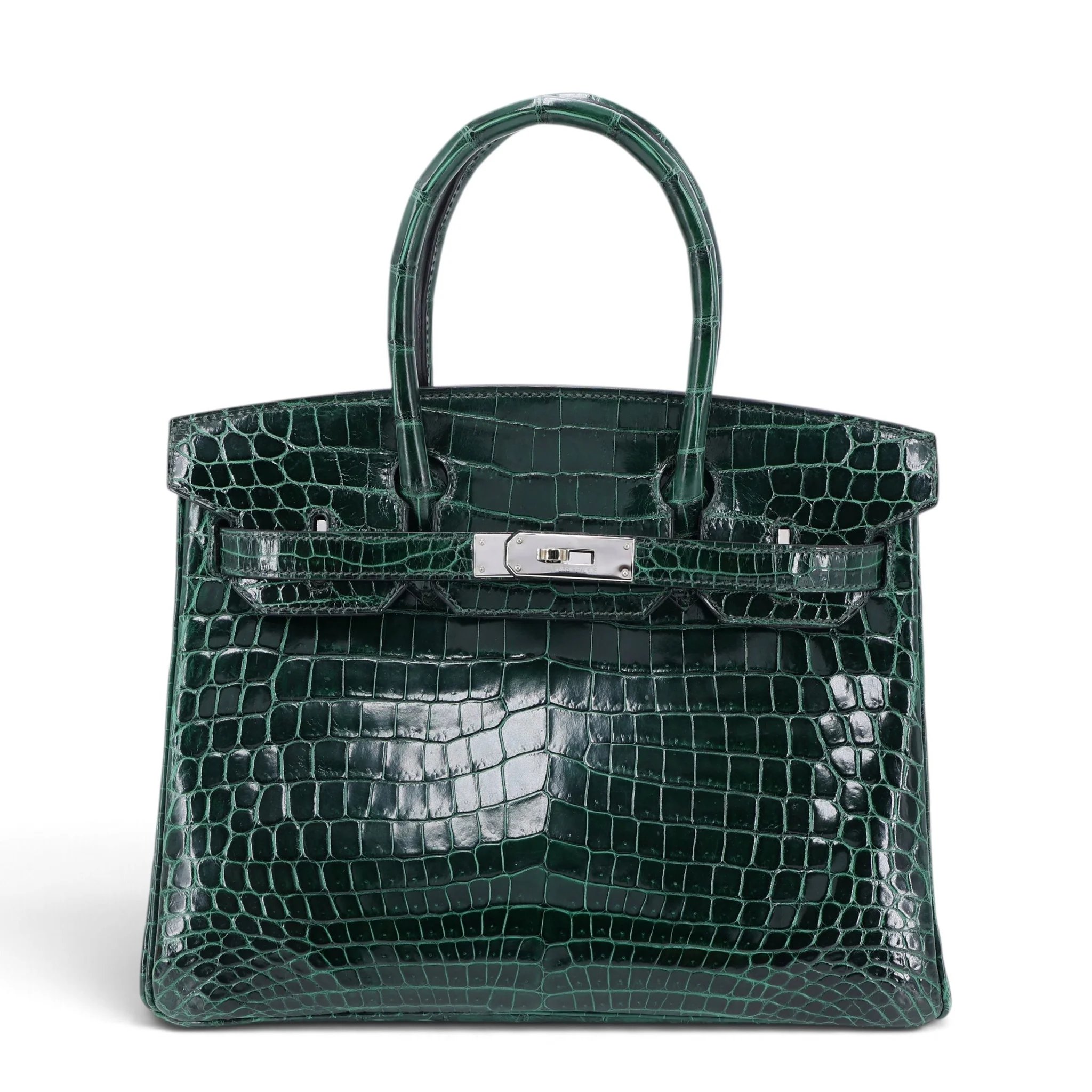 Very Good ( Rank A) HERMÈS Birkin 30 Vert Fonce (67) Shiny Niloticus Crocodile Palladium hardware Square Q (2013)
