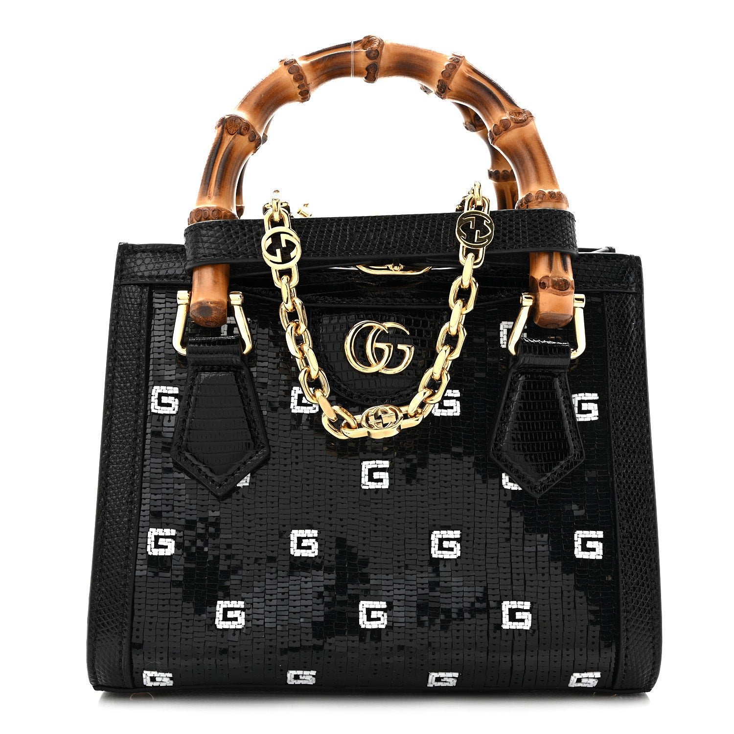 Gucci Lizard Sequin GG Monogram Mini Diana Tote Bag Black