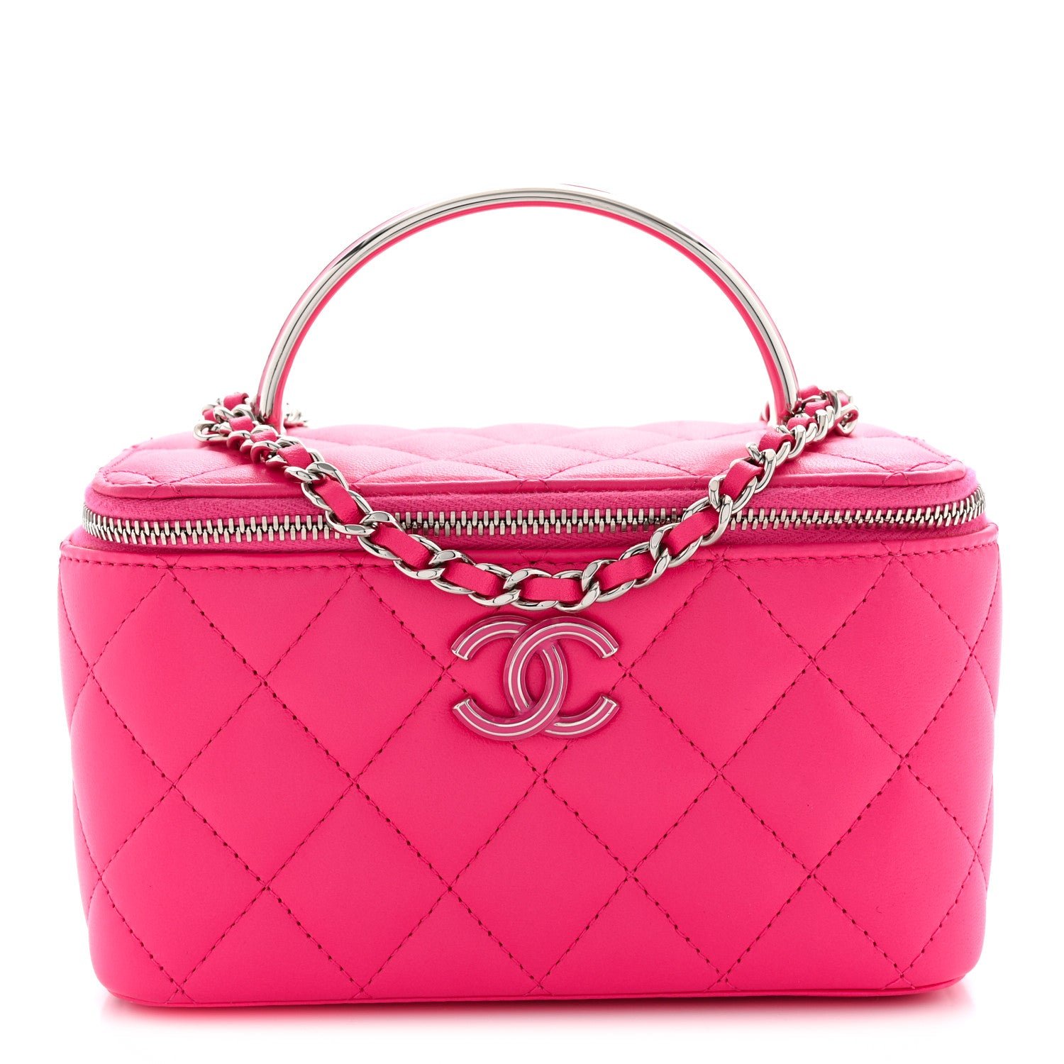 Chanel Lambskin Quilted Metal Enamel Small Top Handle Vanity Case With Chain Pink
