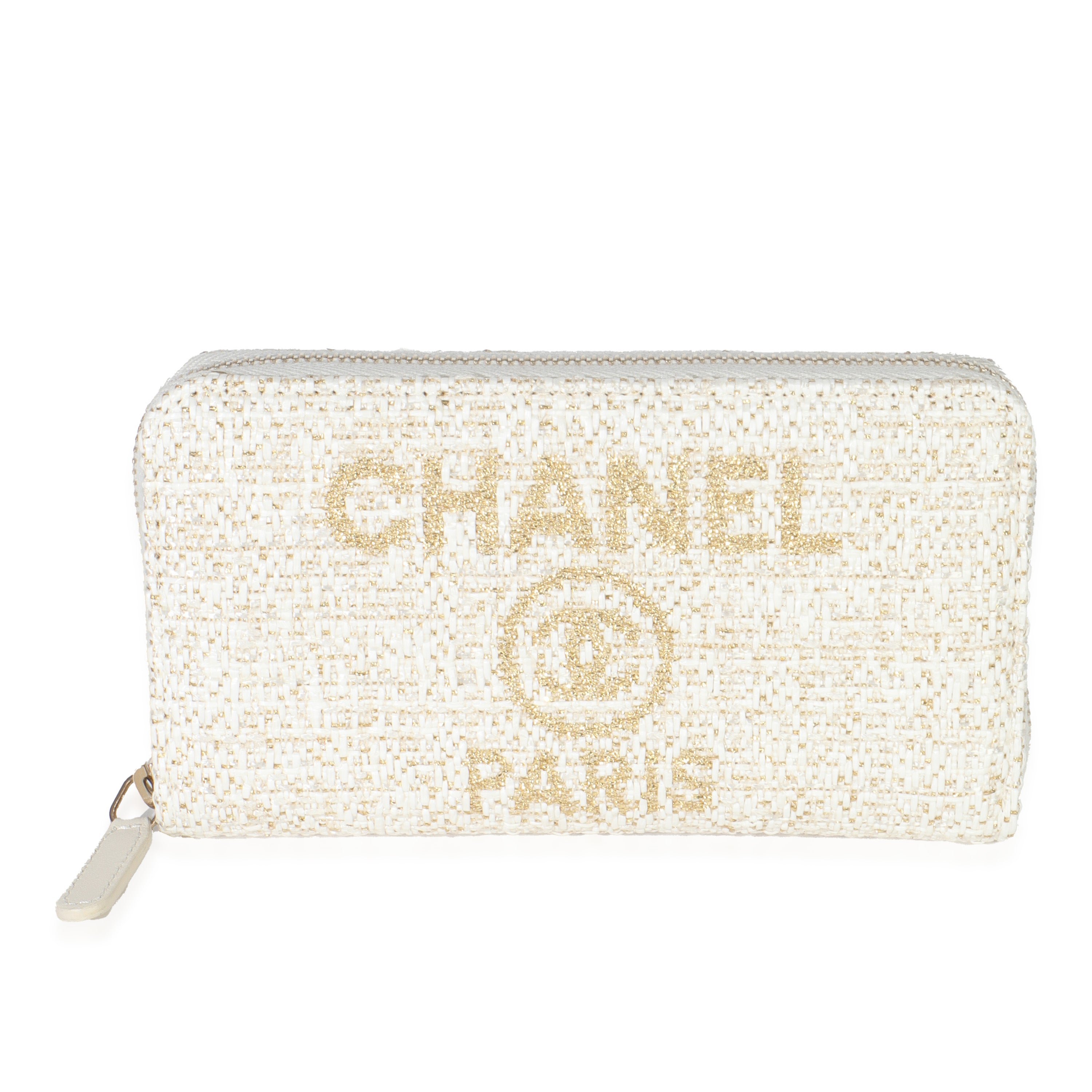 Chanel Beige Lurex Canvas Deauville Small Zip Around Wallet