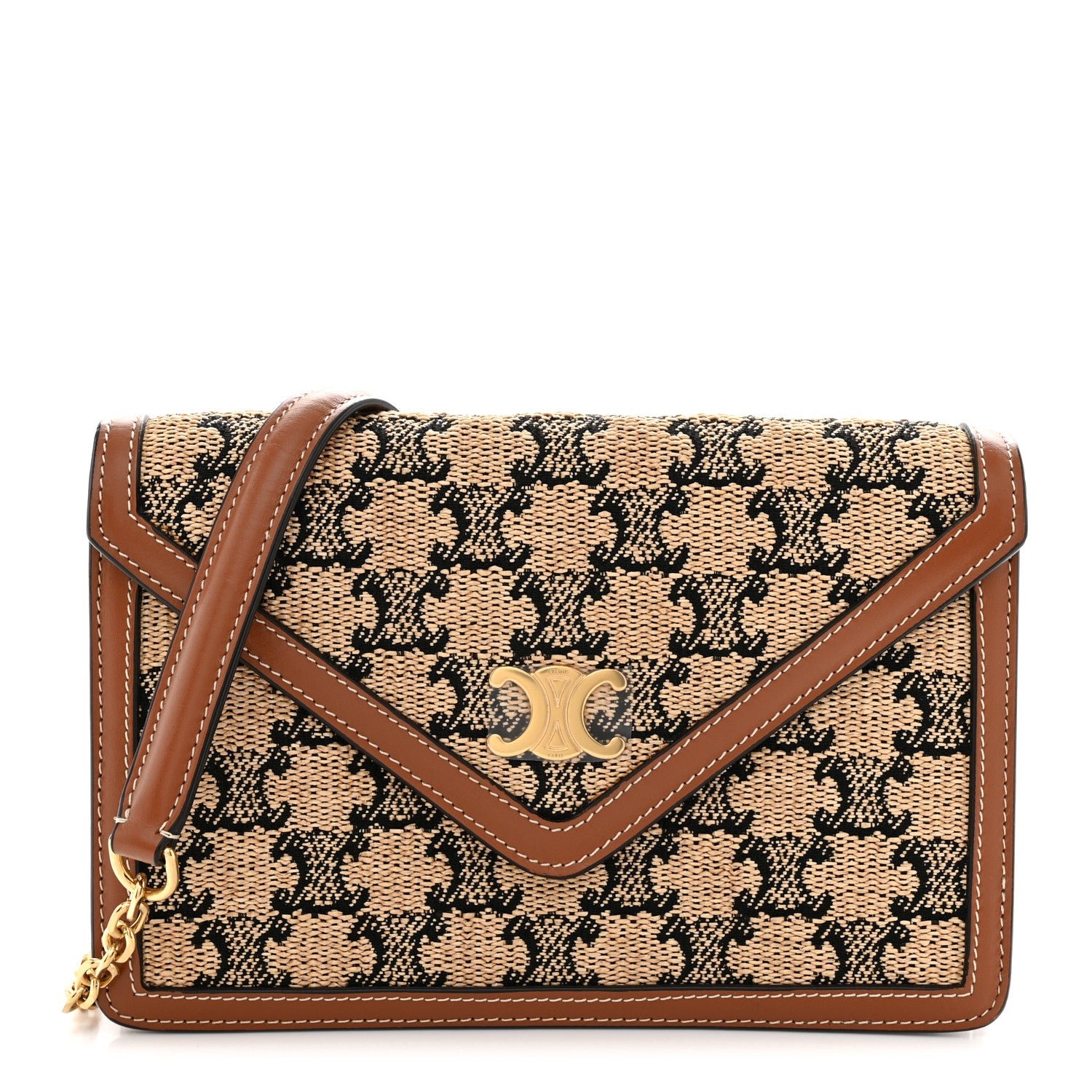 Celine Celine Raffia Jacquard Calfskin Triomphe Wallet on Chain Natural Tan