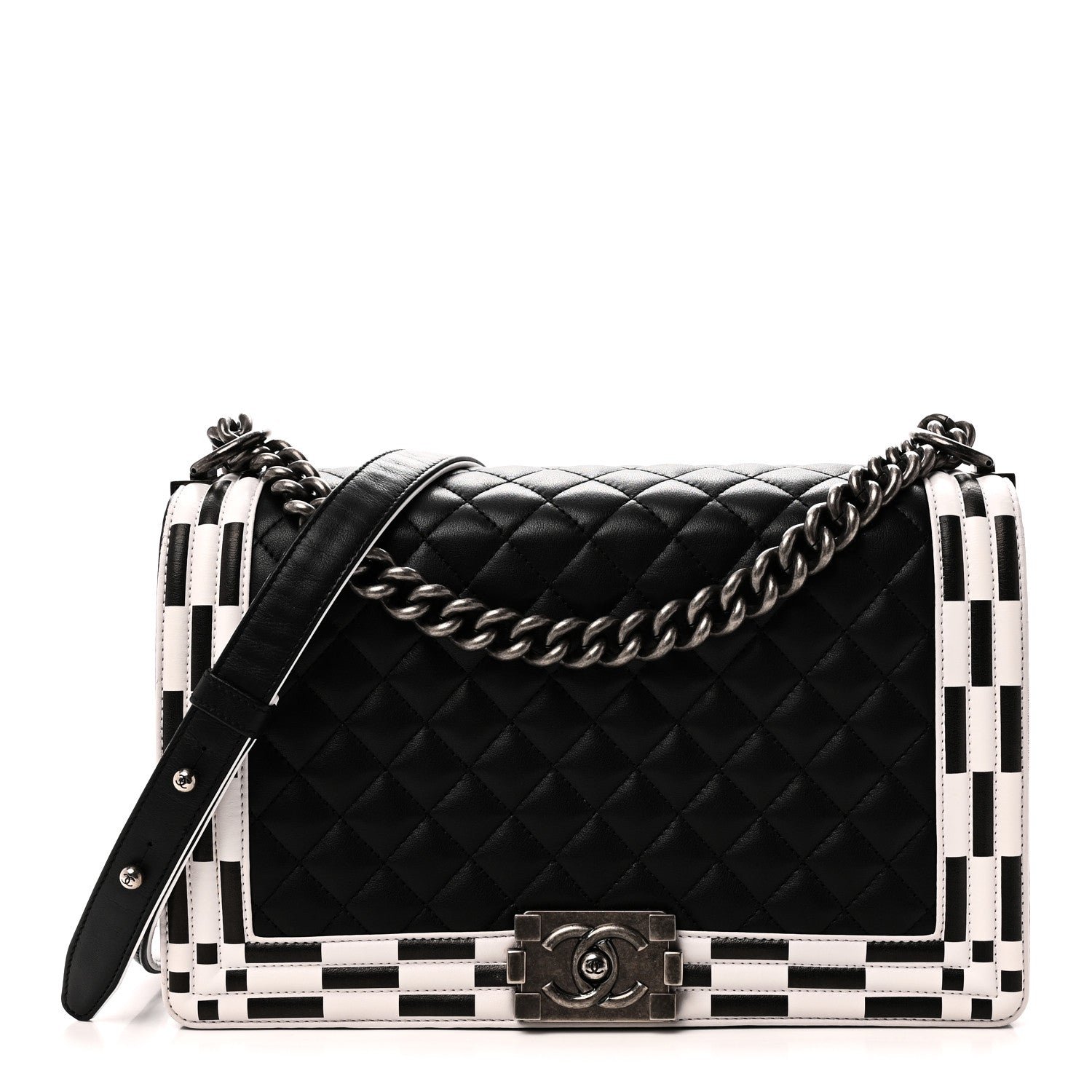 Chanel Calfskin Quilted Checkerboard Trim New Medium Boy Flap Black White