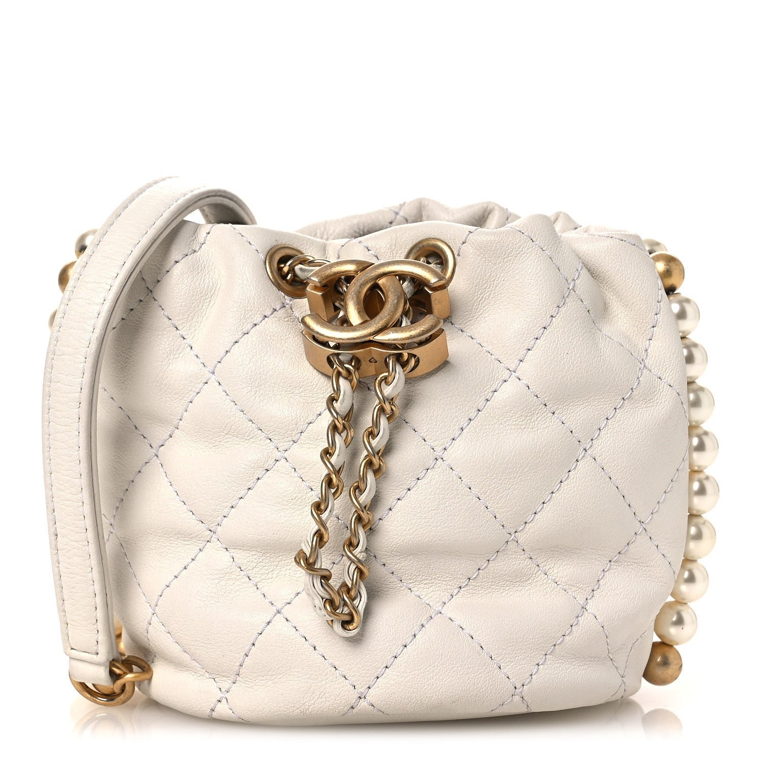 Chanel Calfskin Quilted Pearl Mini About Pearls Drawstring Bucket Bag  White