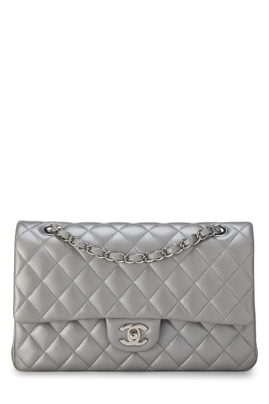 Silver Quilted Lambskin Classic Double Flap Medium