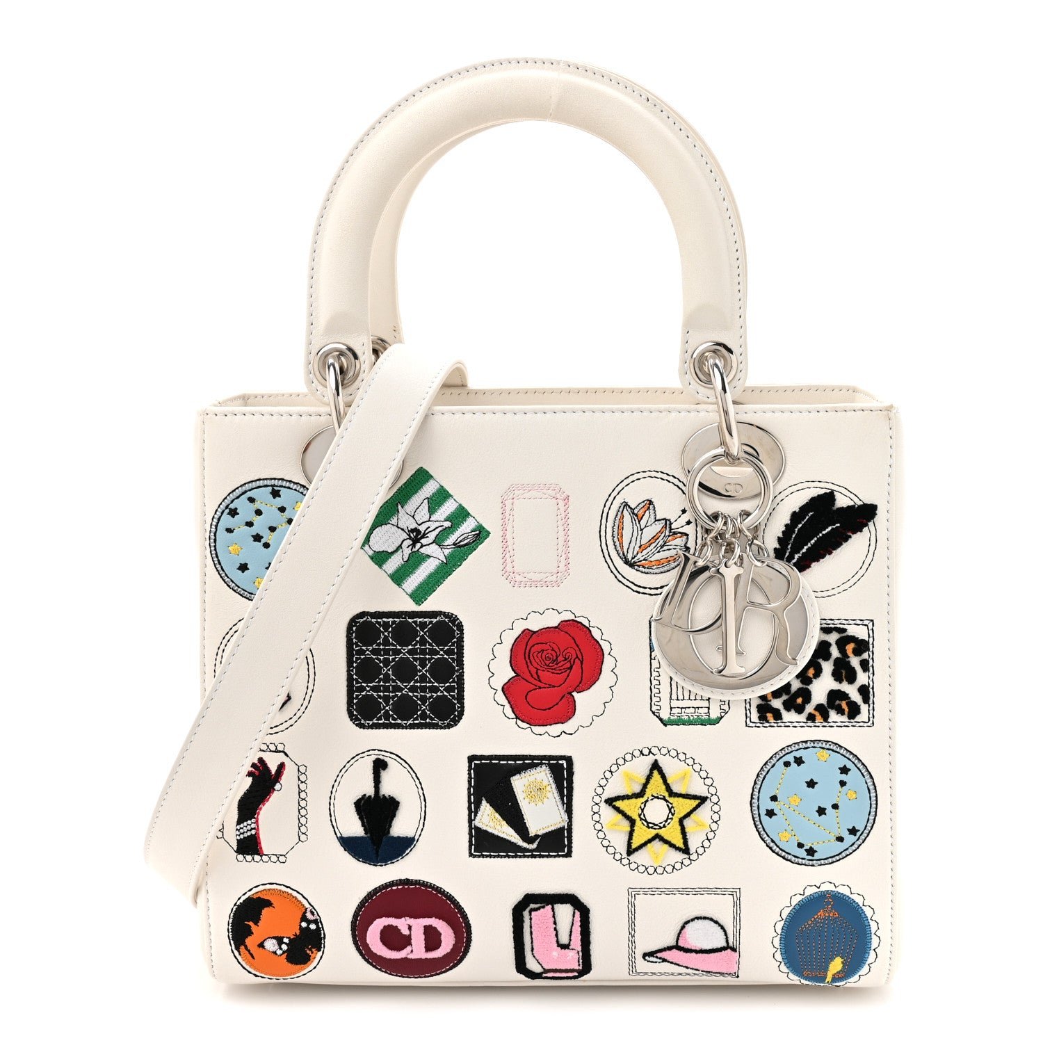 Christian Dior Smooth Calfskin Patch Embellished Medium Lady Dior White
