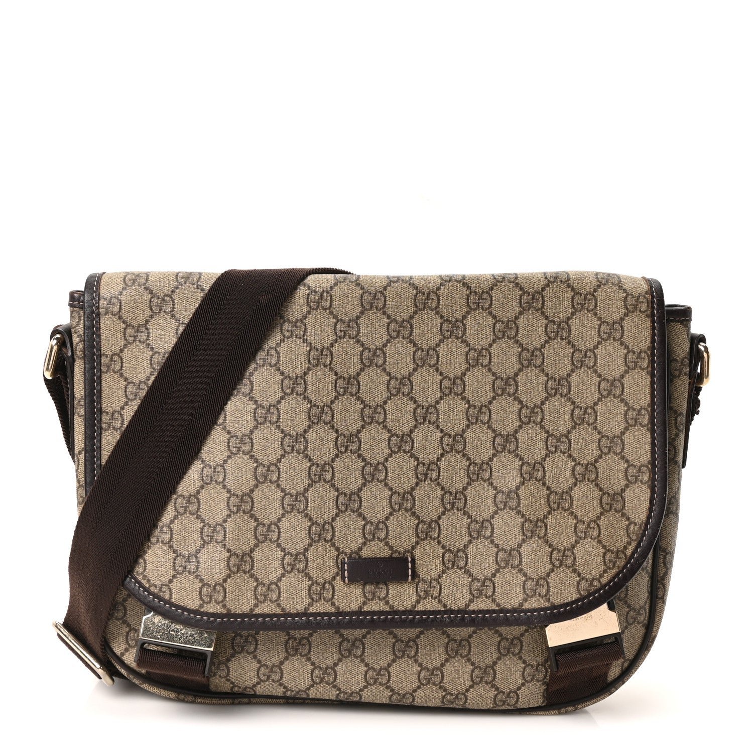 Gucci GG Plus Monogram Medium Double Buckle Flap Messenger Bag Beige Dark Brown