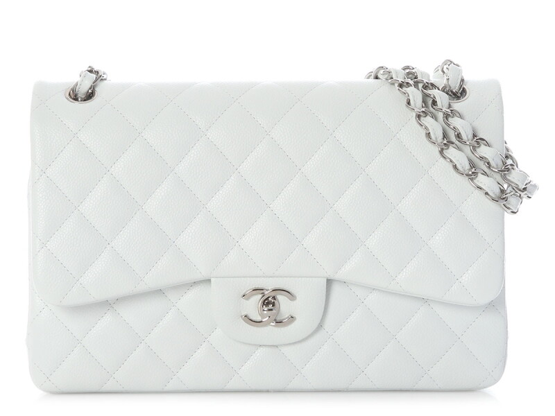 White Quilted Caviar Jumbo Classic Double Flap Bag Silver Hardware, 2014