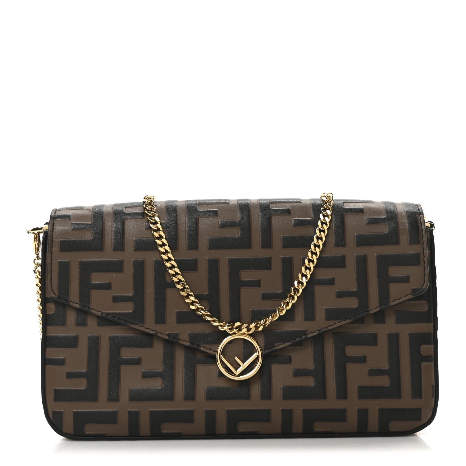 Fendi Vitello Soft F is Fendi Bi-Color FF 1974 Embossed Envelope Wallet On Chain with Pouches Maya Black