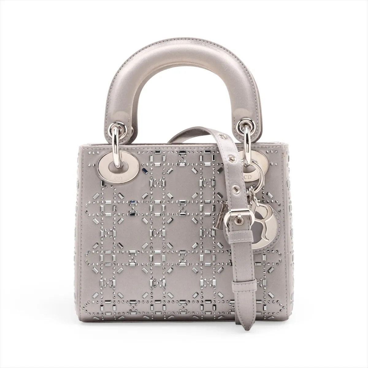 Christian Dior Cannage Lady Dior Mini Satin x rhinestone 2 Way Handbag Silver