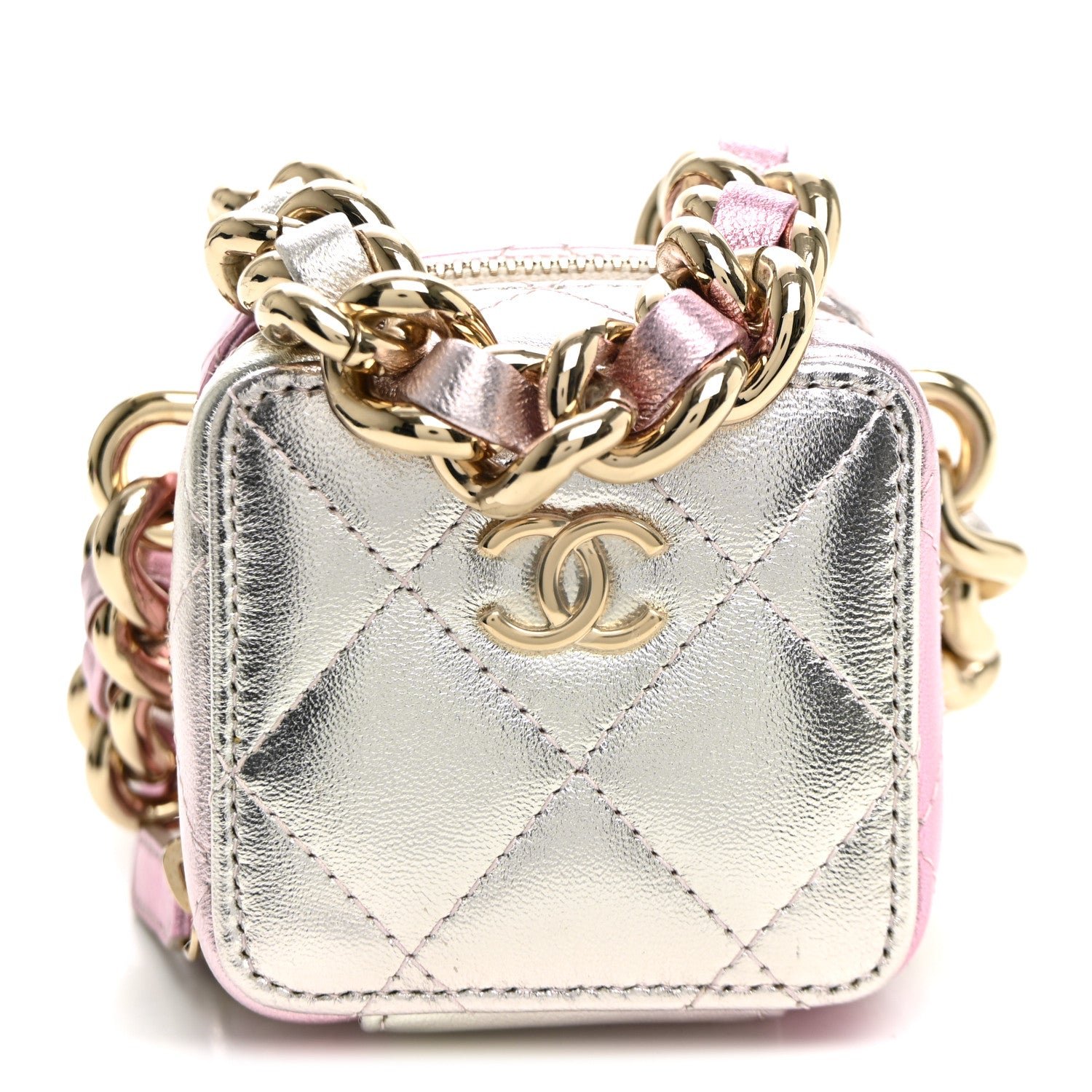 Chanel Gradient Metallic Lambskin Quilted Coco Punk Cube Clutch With Chain Silver Pink