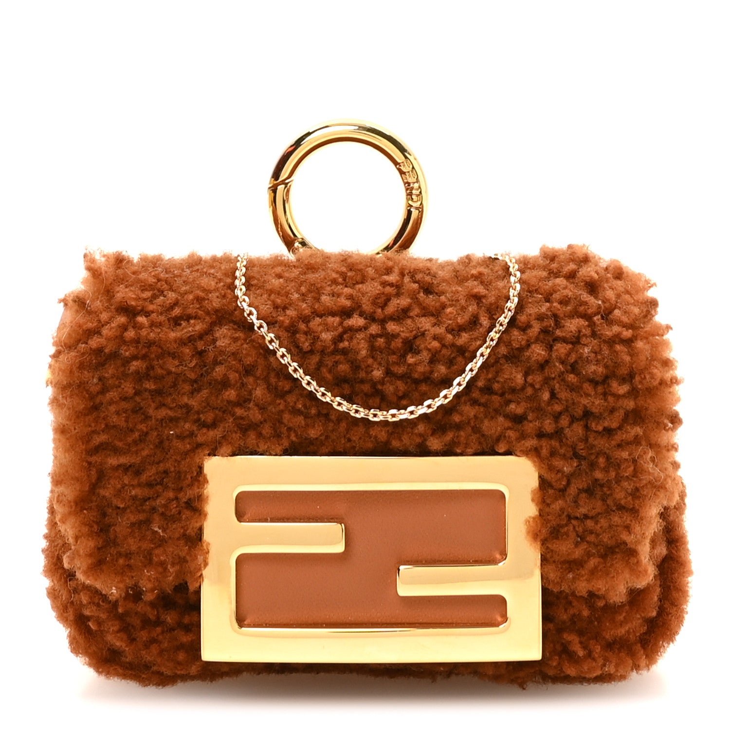 Fendi Shearling Nano Maxi Buckle Baguette Charm Brown