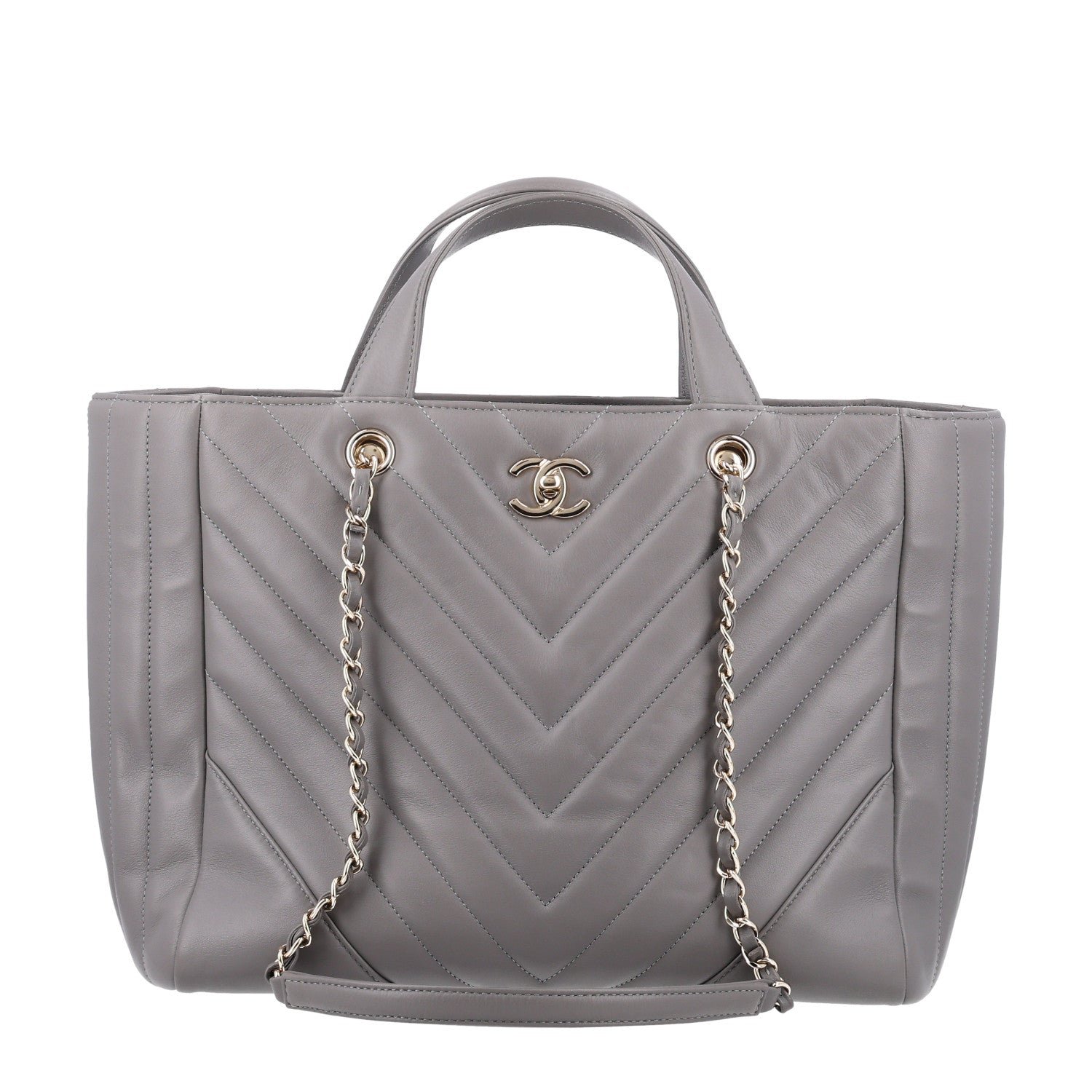 Chanel Aged Calfskin Chevron Quilted Large Classic Shopping Tote Grey