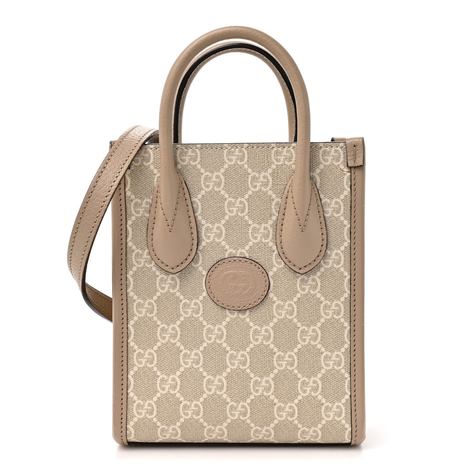 Gucci GG Supreme Monogram Textured Dollar Calfskin Mini Retro Interlocking G Tote Bag Beige Mystic White Oatmeal