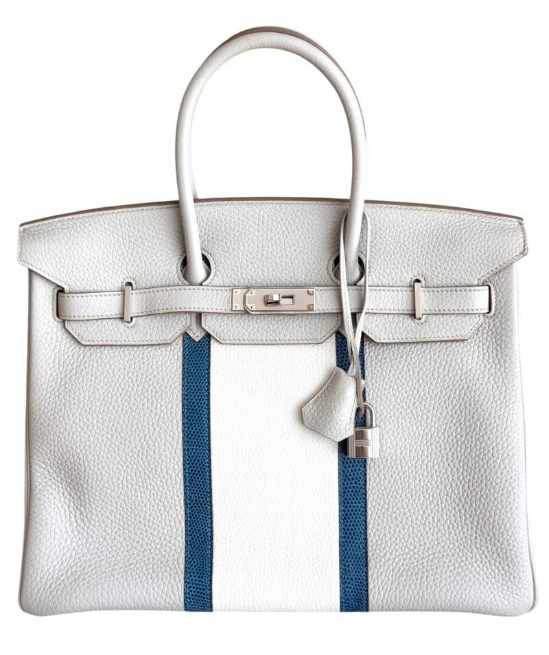 Limited Edition Gris Perle, White, and Bleu Mykonos Clemence and Shiny Niloticus Lizard Club Birkin 35 Palladium Hardware, 2011