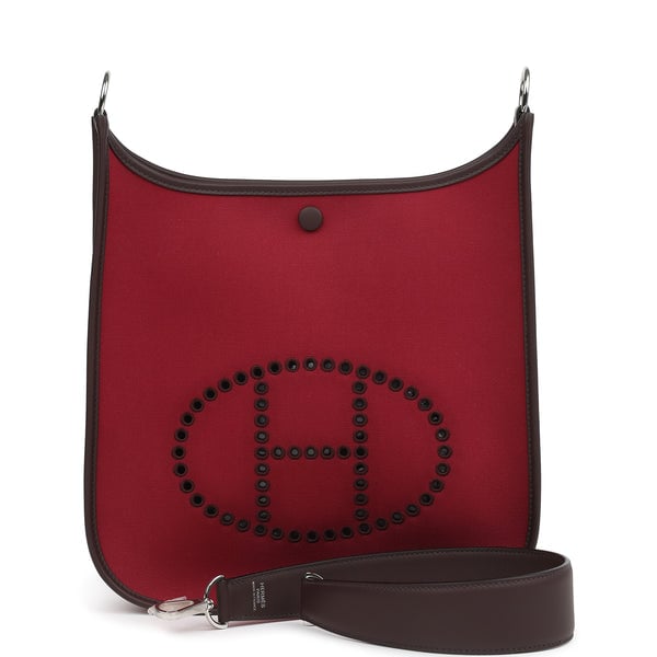 Hermes Hermes Neo Evelyne PM Rubis Officier Canvas and Rouge Sellier Swift Palladium Hardware