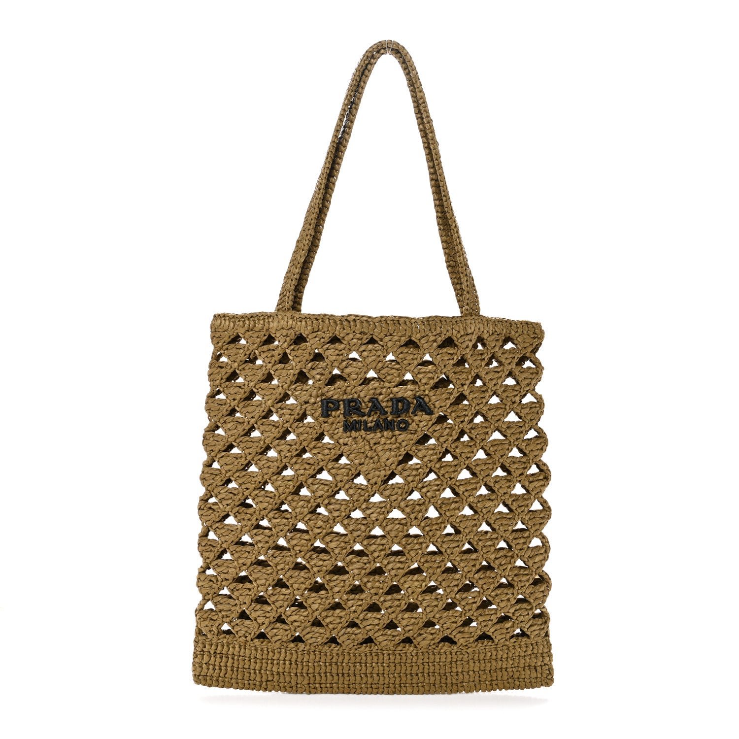 Prada Yarn Raffia Effect Crochet Logo Embroidered Tote Bag Oliva