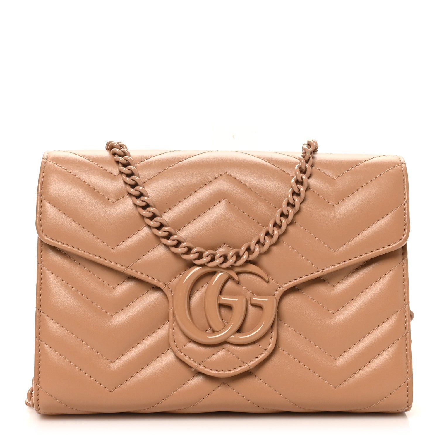 Gucci Calfskin Matelasse Monochrome GG Marmont Chain Wallet Camelia