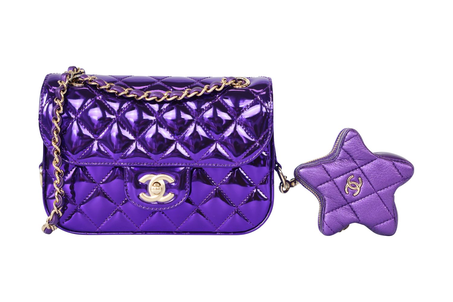 Chanel Seasonal Flap Mini Bag with Star Pouch, Metallic Purple Quilted Leather and Gold Hardware, New in Box WA001