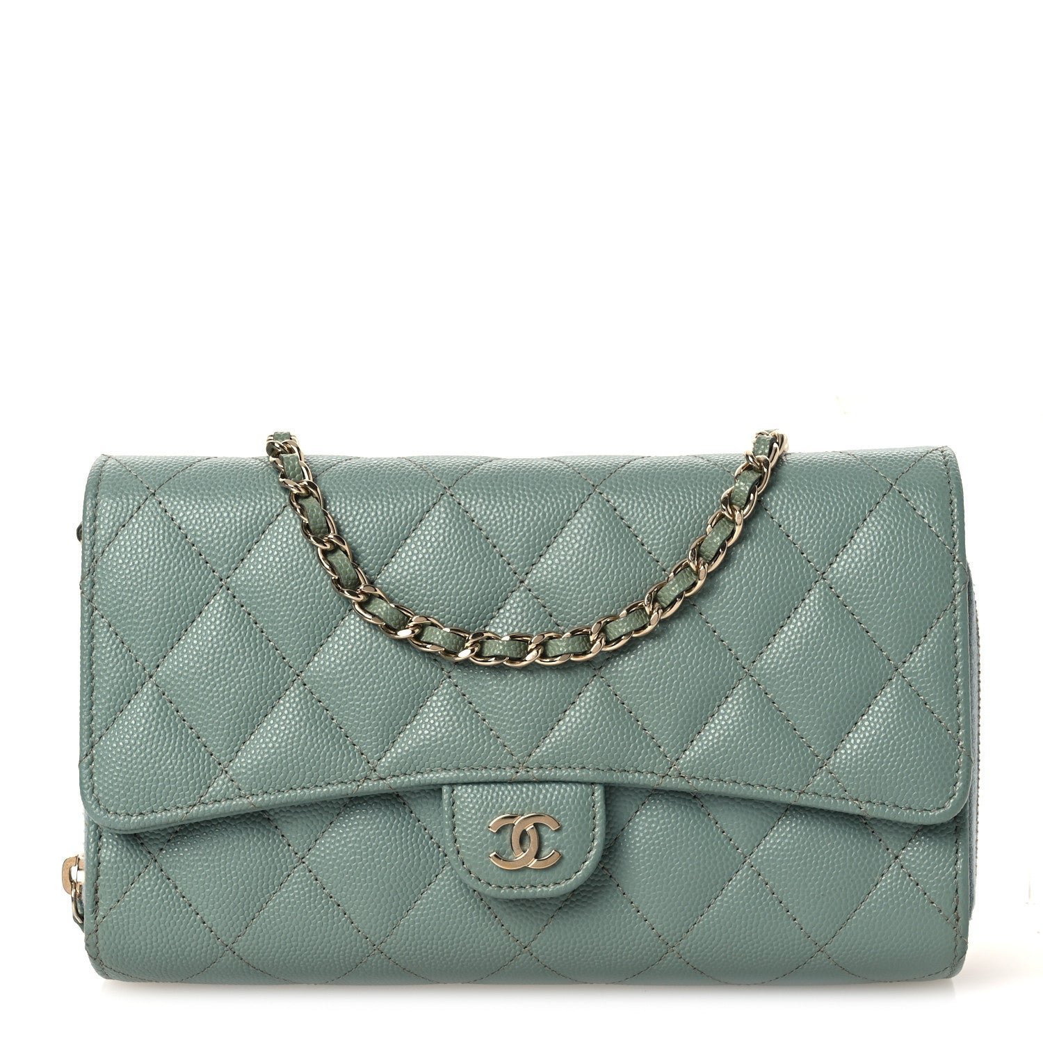 Caviar Quilted Phone Holder Wallet on Removable Chain Light Blue