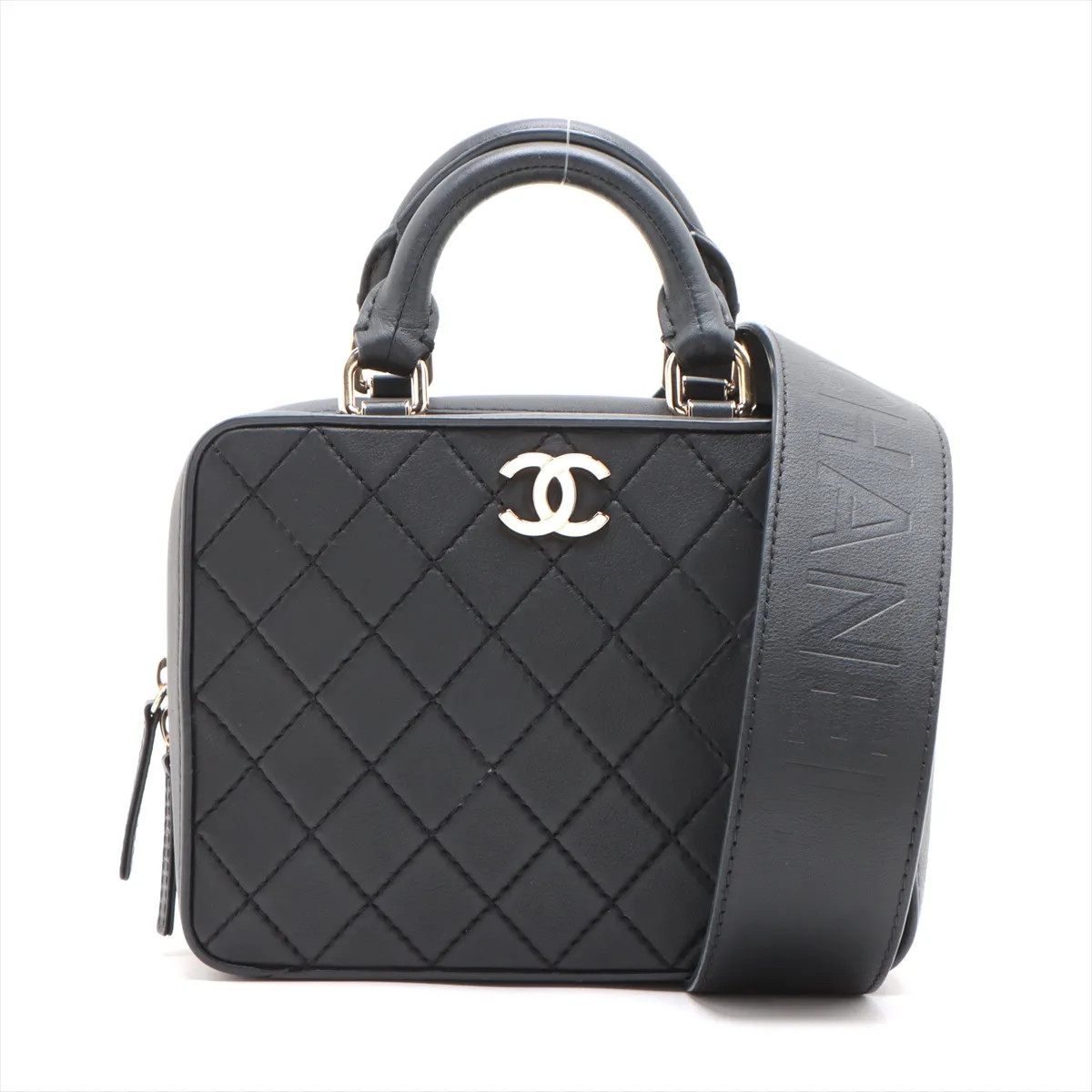Chanel Matelasse Lambskin 2 Way Handbag Vanity Black Gold Metal Fittings 29th AS