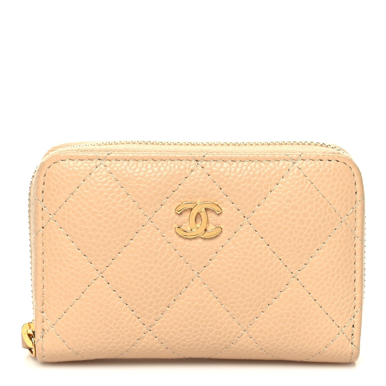 Chanel Caviar Quilted Zip Around Coin Purse Beige