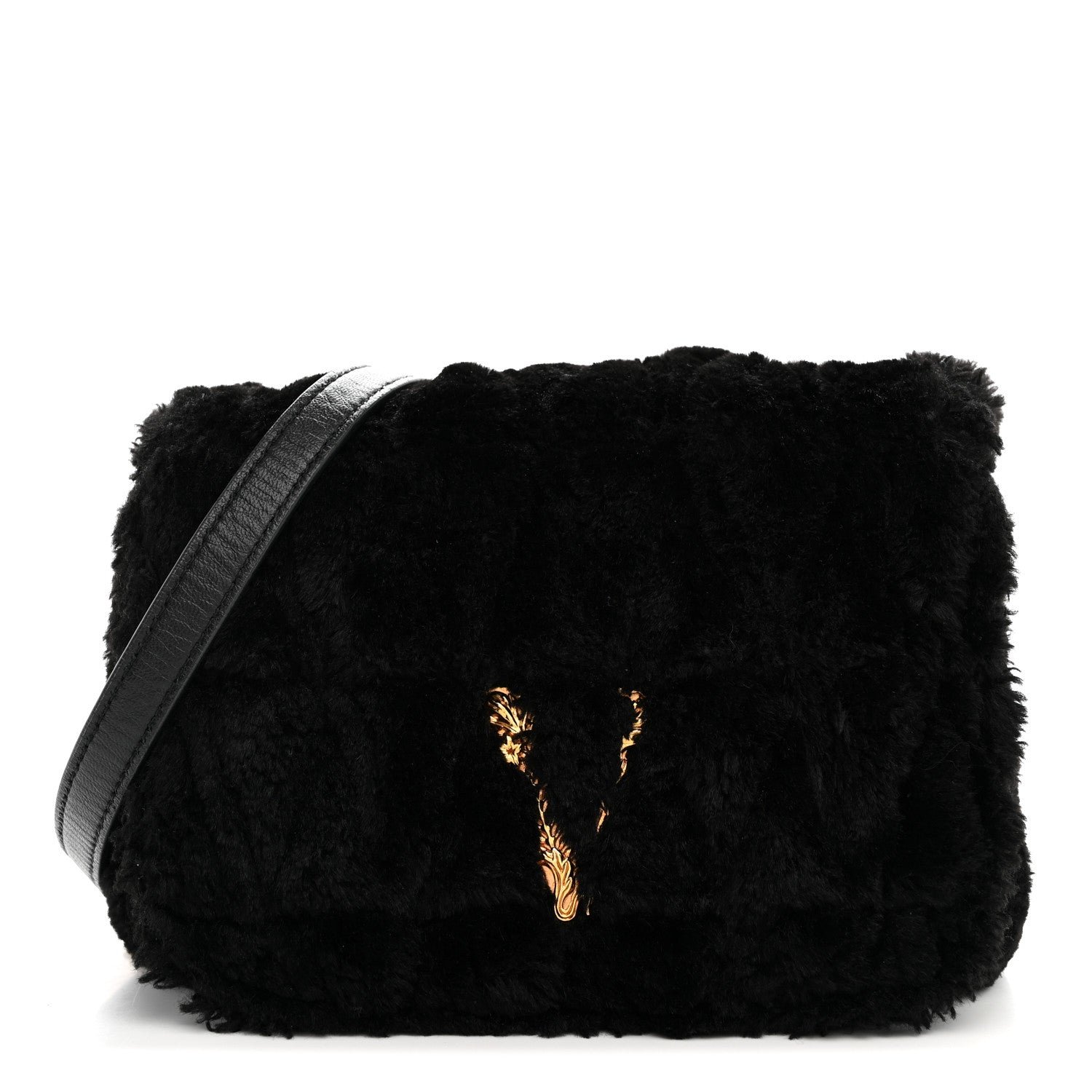 Versace Faux Fur Quilted Virtus Shoulder Bag Black