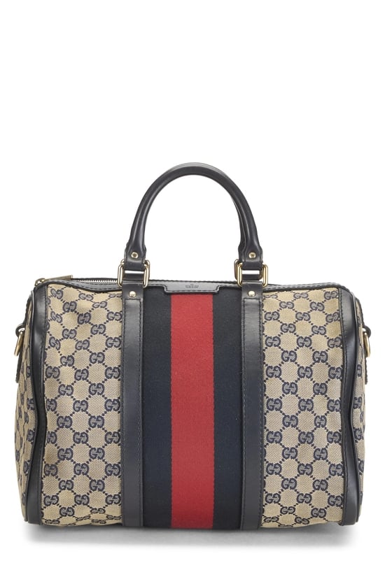 Navy GG Canvas Vintage Web Boston Bag Medium