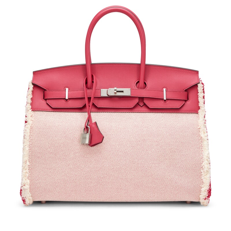 Hermes Framboise Swift Ecru and Toile Fray Fray Birkin 35 Palladium Hardware, 2021