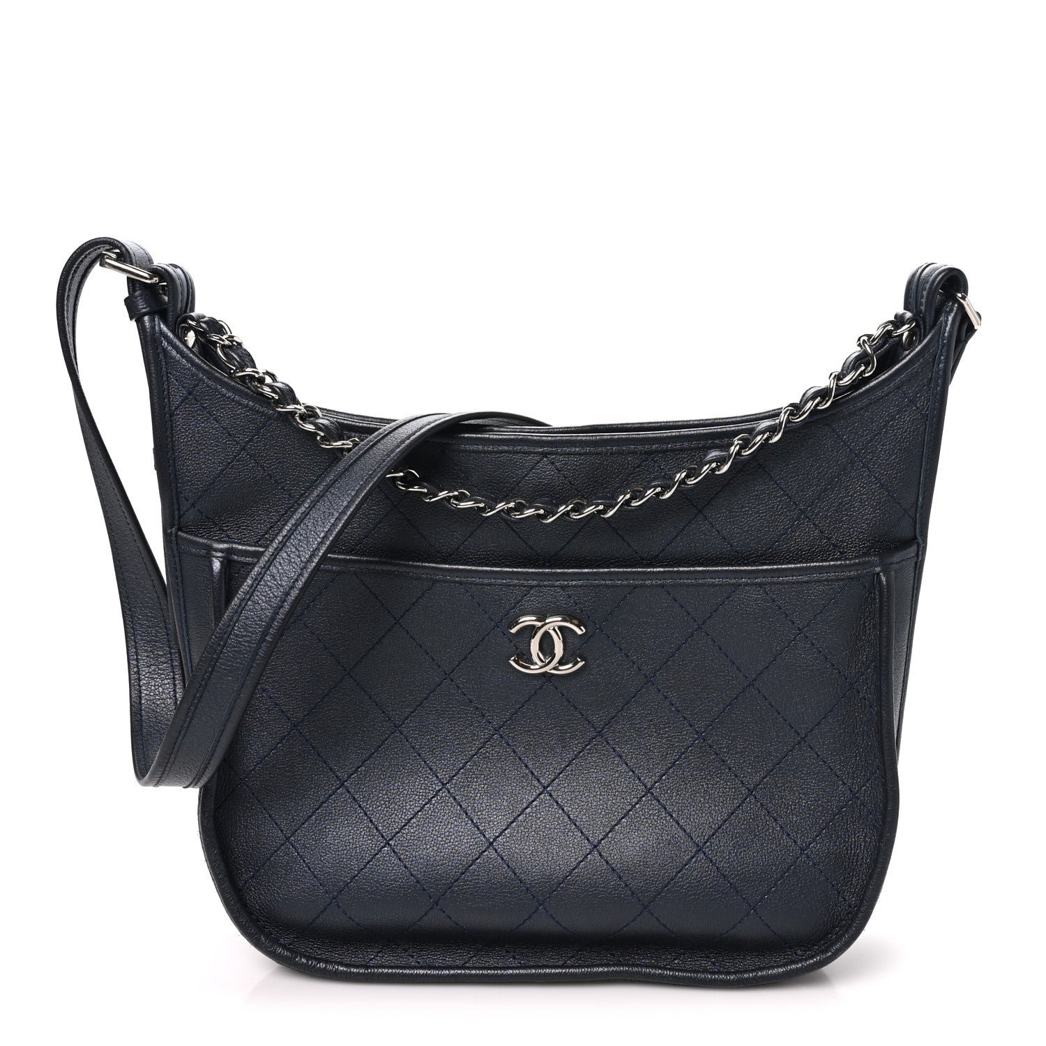 Chanel Calfskin Quilted Large Jungle Stroll Hobo Bag Navy