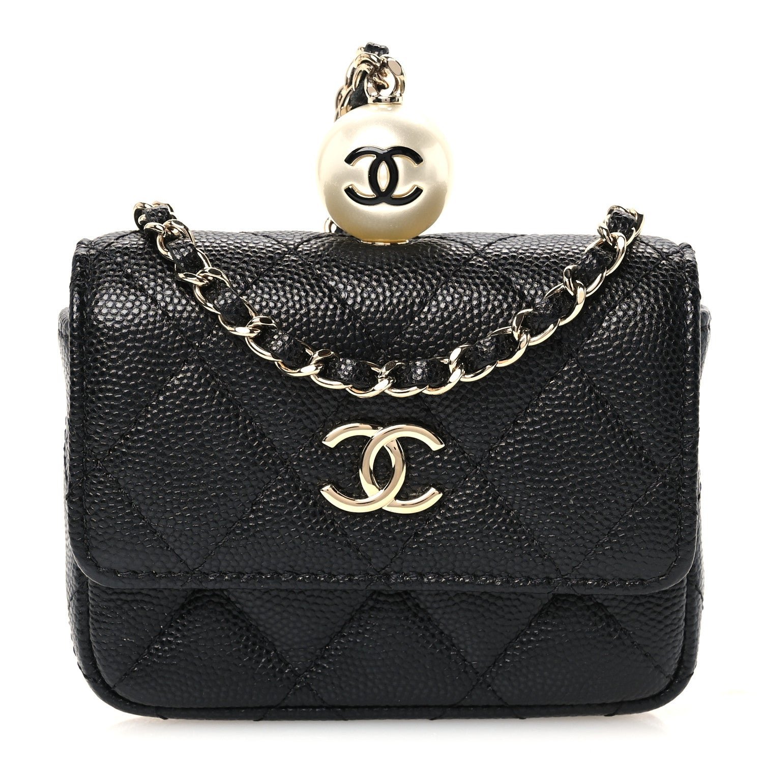 Chanel Caviar Quilted Mini Pearl On Top Coin Purse With Chain Black