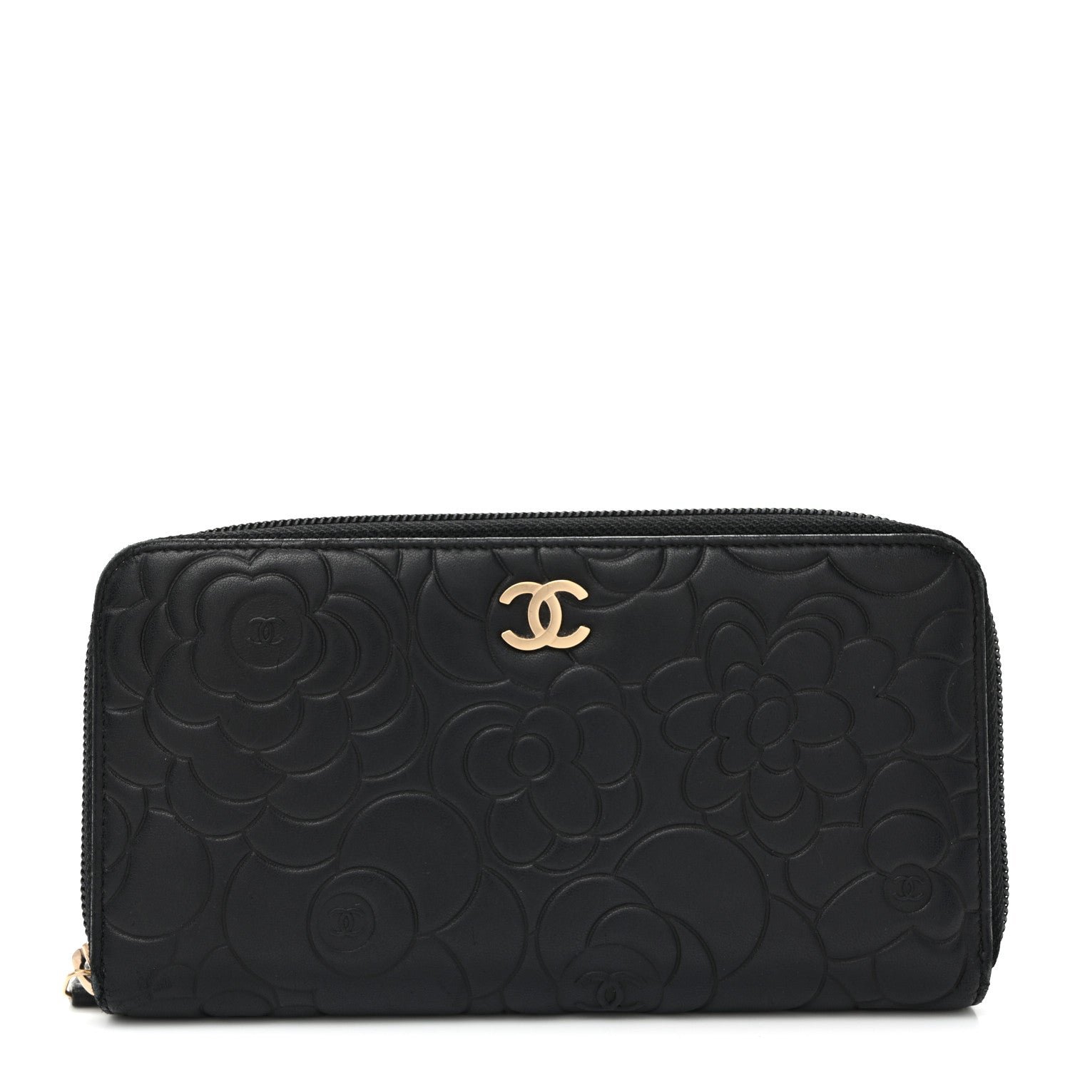 Chanel Lambskin Camellia Embossed Large Zip Around Gusset Wallet Black