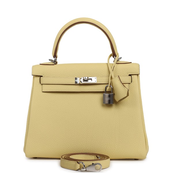 Hermes Kelly Retourne 25 Jaune Poussin Togo Palladium Hardware