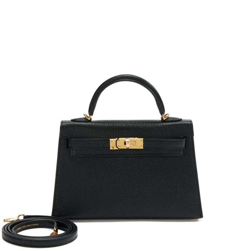 Hermes Black Chèvre Mysore and Gris Perle Verso HSS Mini Kelly 20 II Gold Hardware, 2025