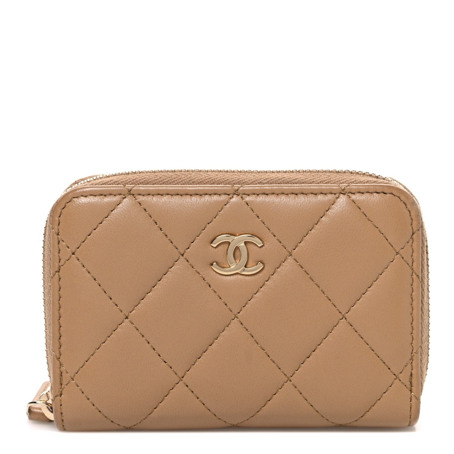 Chanel Lambskin Quilted Zip Around Coin Purse Wallet Dark Beige