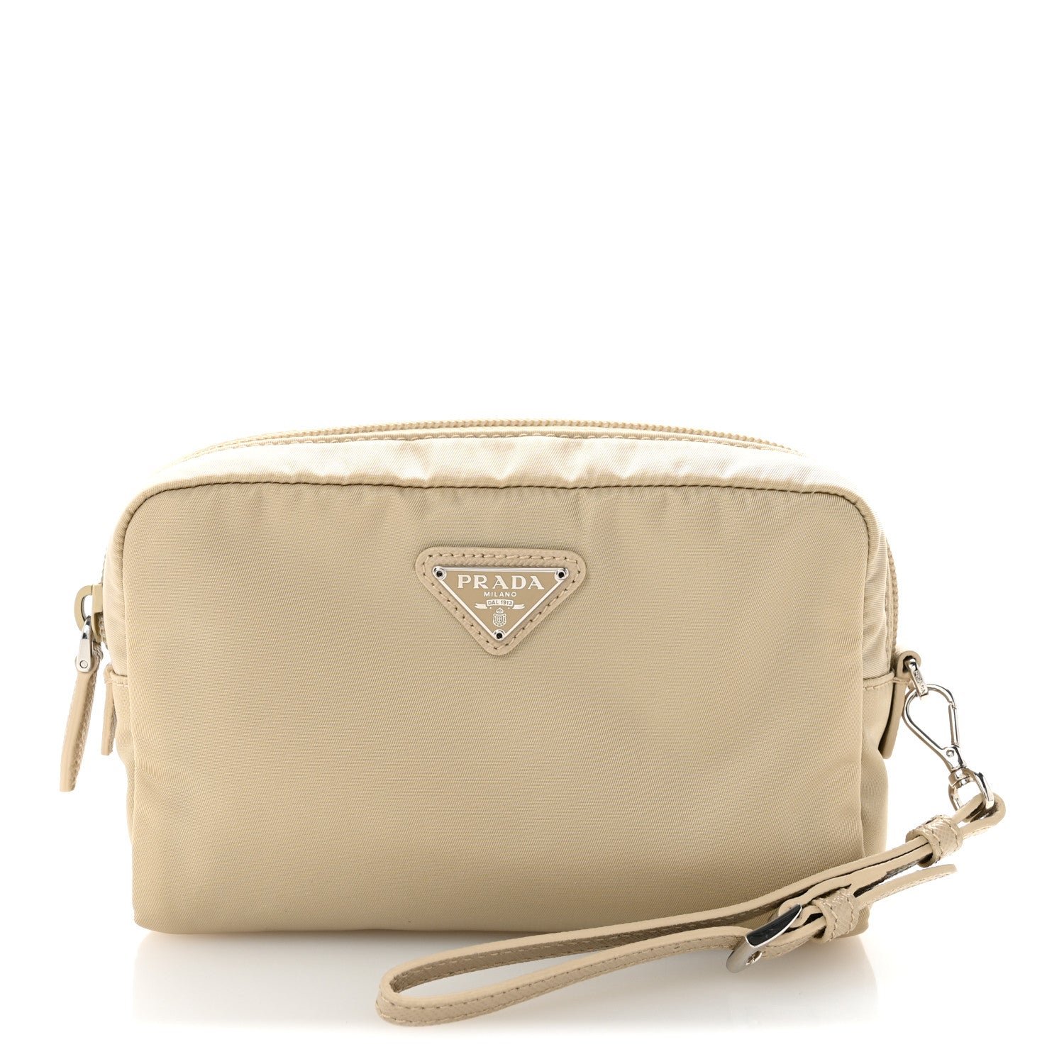 Prada Tessuto Nylon Vela Saffiano Necessaire Wristlet Pouch Cammeo