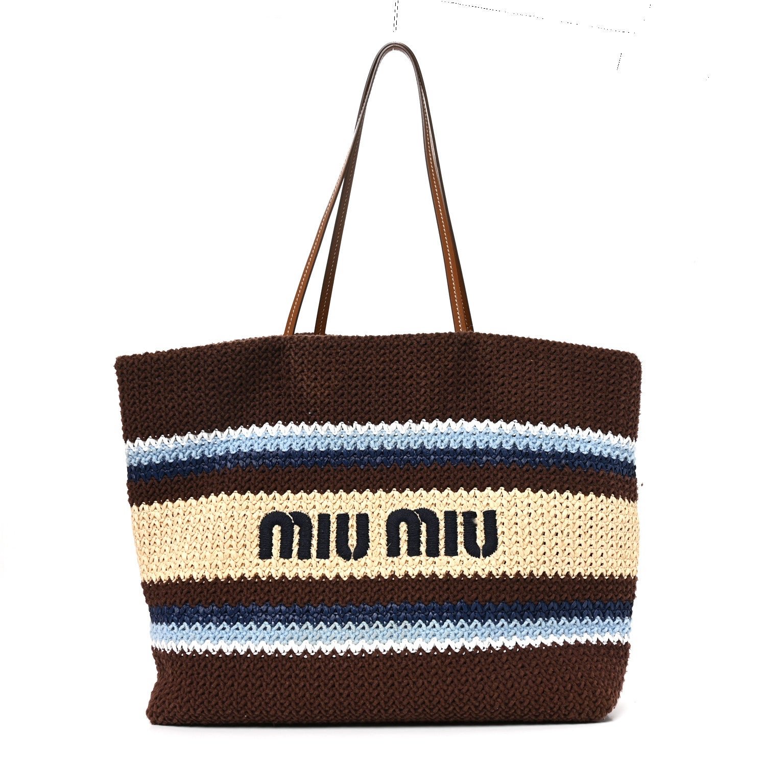 Miu Miu Raffia Crochet Stripe Tote Bag Cacao Celeste Natural