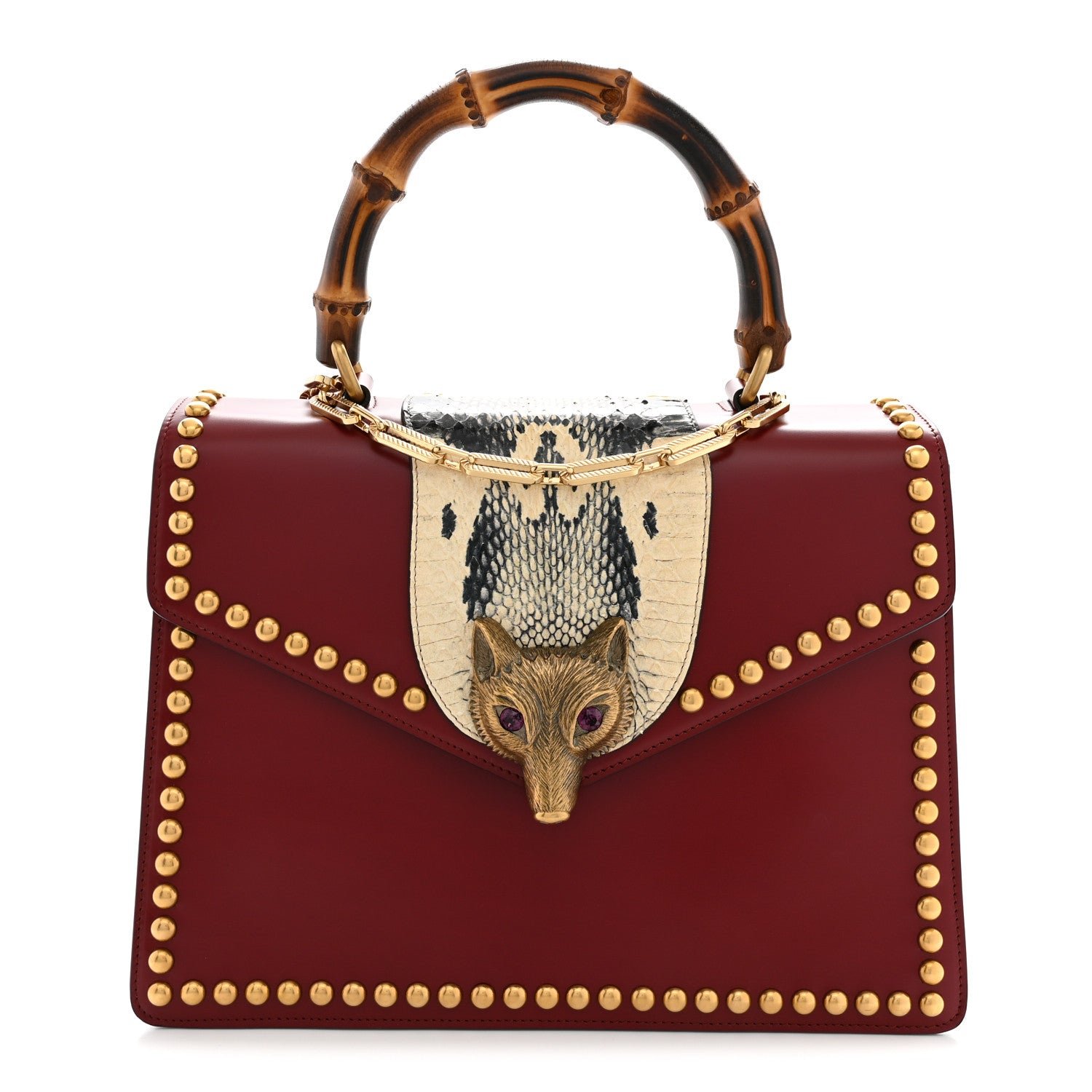 Gucci Glossy Calfskin Snakeskin Studded Fox Broche Bamboo Top Handle Bag Red