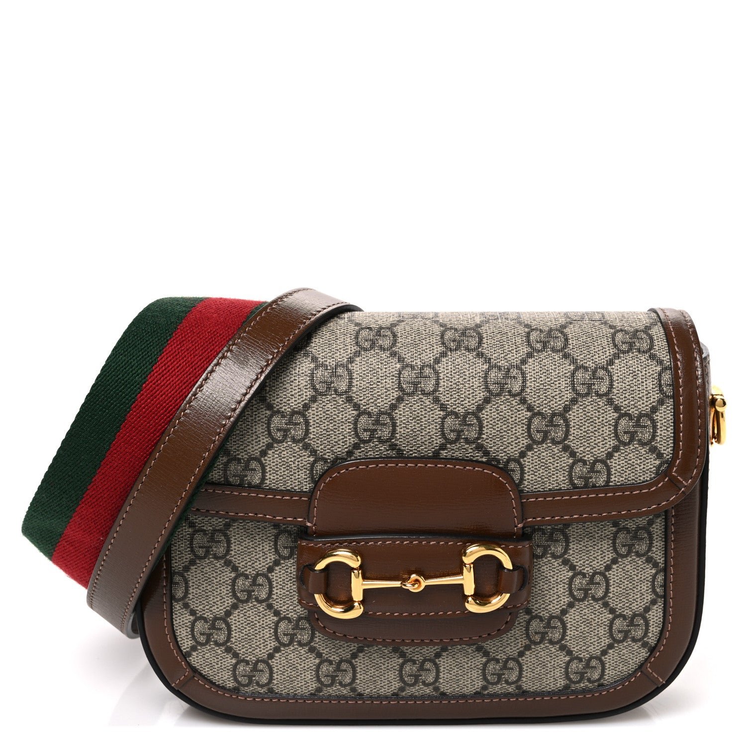 Gucci GG Supreme Monogram Web Mini Horsebit 1955 Shoulder Bag Beige Ebony Brown Sugar