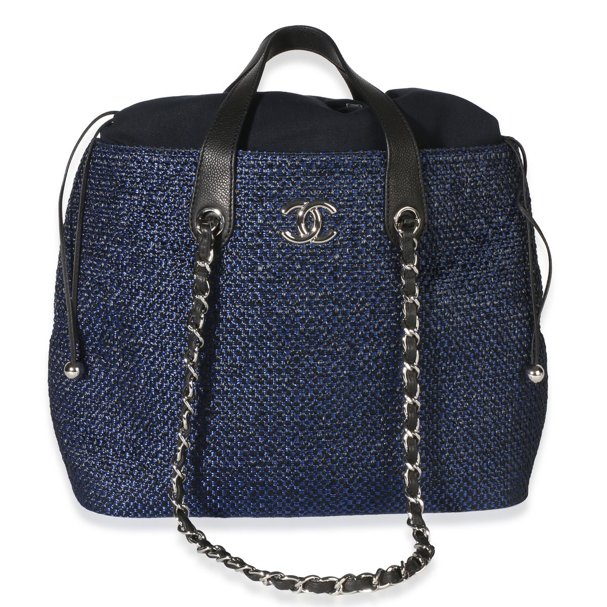 Navy Blue Raffia CC Expandable Shopping Tote