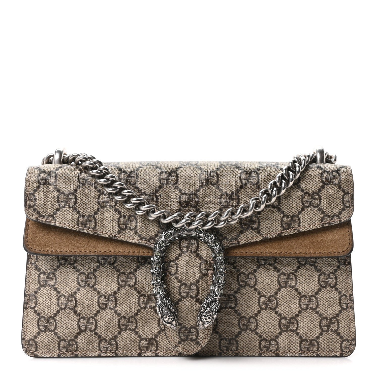 Gucci GG Supreme Monogram Suede Crystal Small Dionysus Shoulder Bag Beige Ebony Taupe