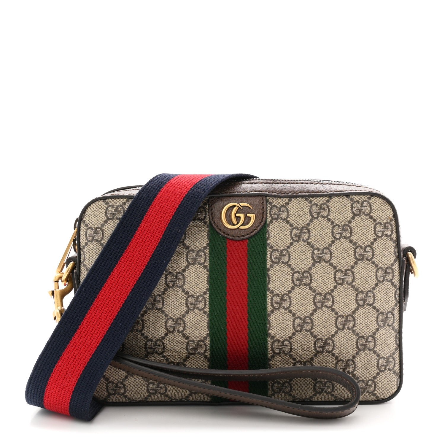 Gucci GG Supreme Monogram Textured Dollar Calfskin Web Ophidia Wristlet Shoulder Bag Beige Ebony New Acero