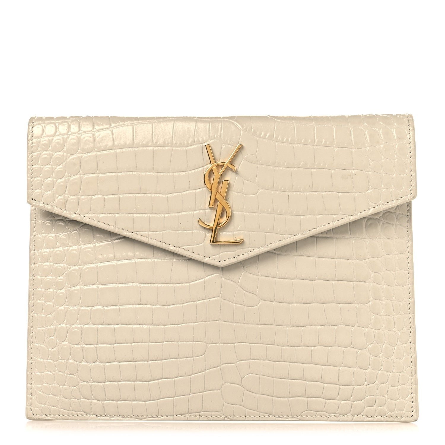 Saint Laurent Calfskin Crocodile Embossed Monogram Uptown Baby Pouch Crema Soft