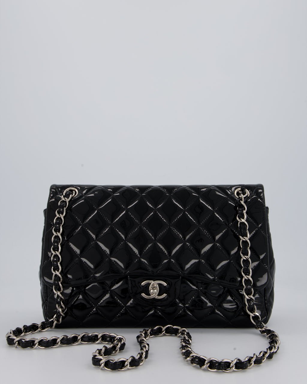 Chanel Black Patent Leather Jumbo Flap Bag With Silver Hardware