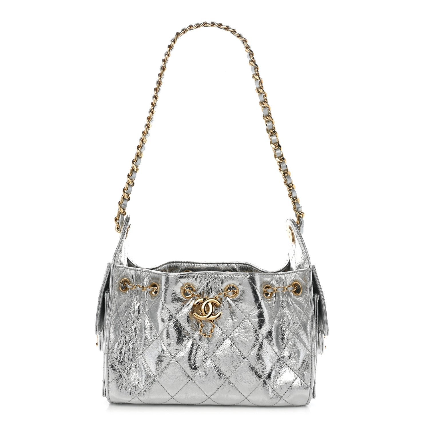 Metallic Aged Calfskin Quilted Mini Chanel 25 Handbag Silver