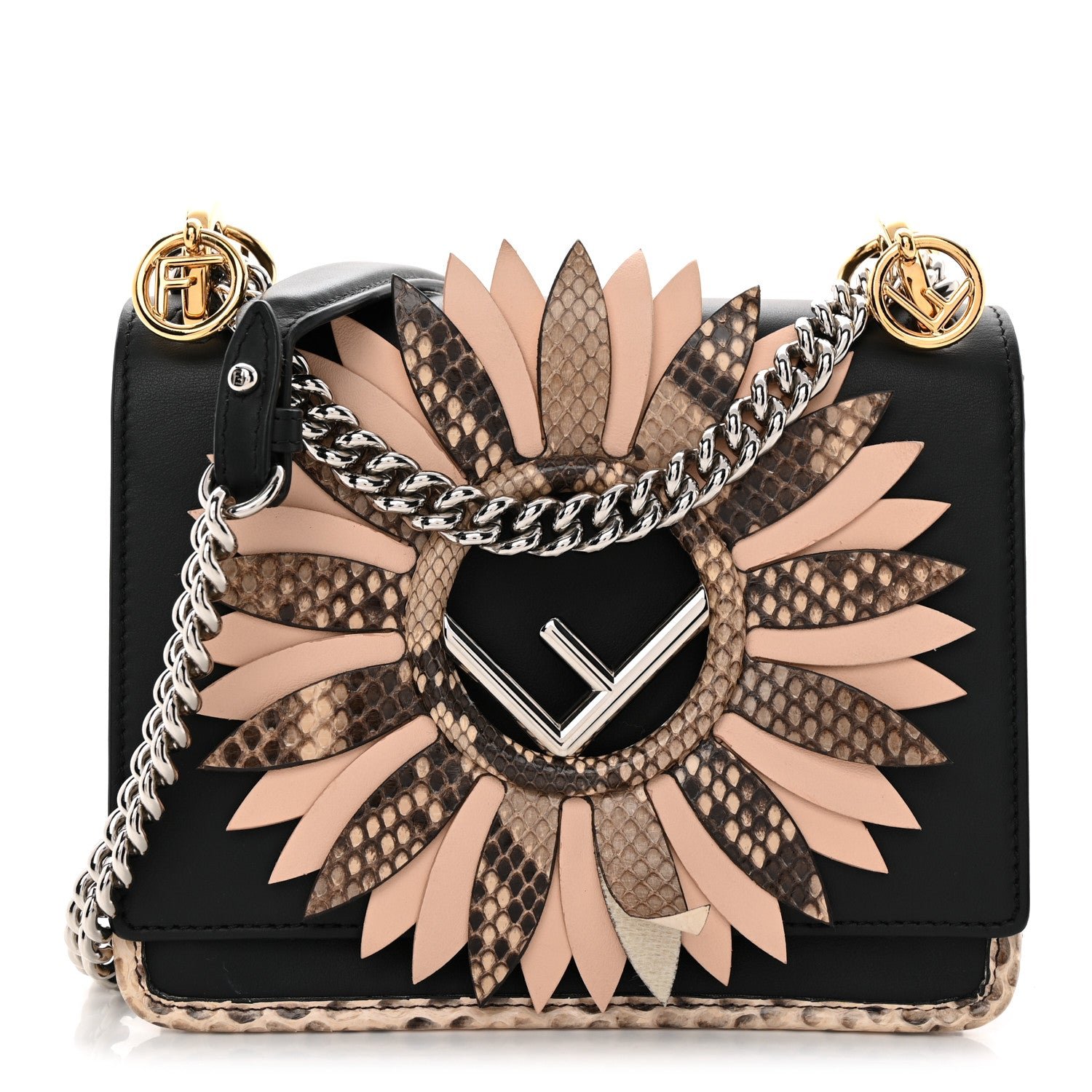 Fendi Fendi Vitello Century Snakeskin F is Fendi Flower Burst FF Small Kan I Shoulder Bag Black Beige