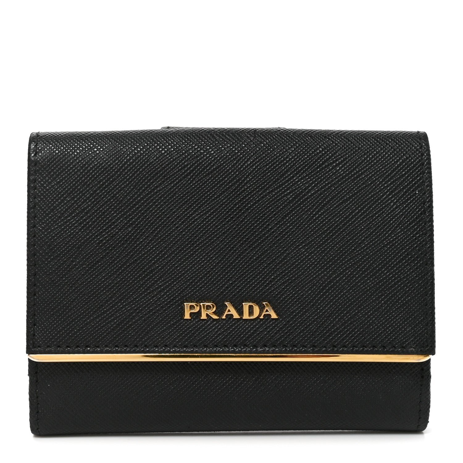 Prada Saffiano Compact Metal Bar Flap Wallet Black