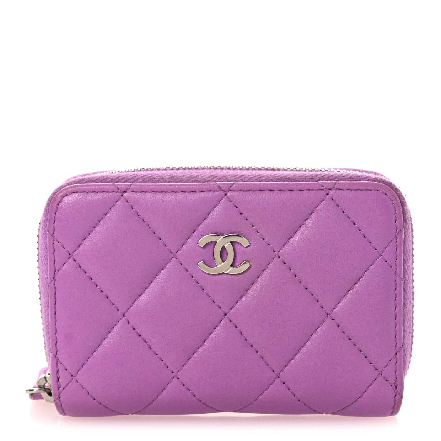 Chanel Lambskin Quilted Zip Around Coin Purse Wallet Purple