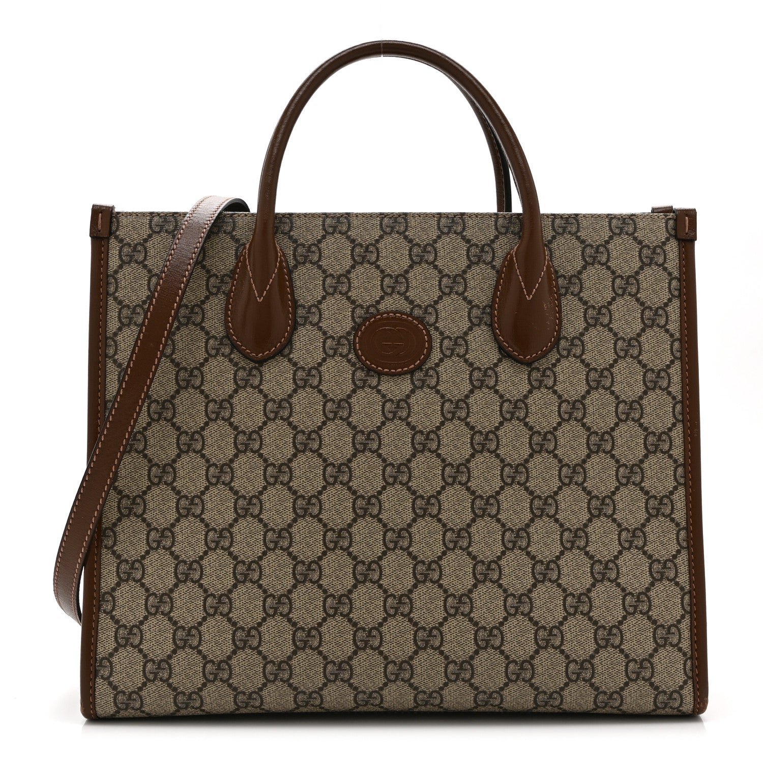 Gucci GG Supreme Monogram Azalea Calfskin Small Retro Interlocking G Tote Bag Beige Ebony Brown Sugar