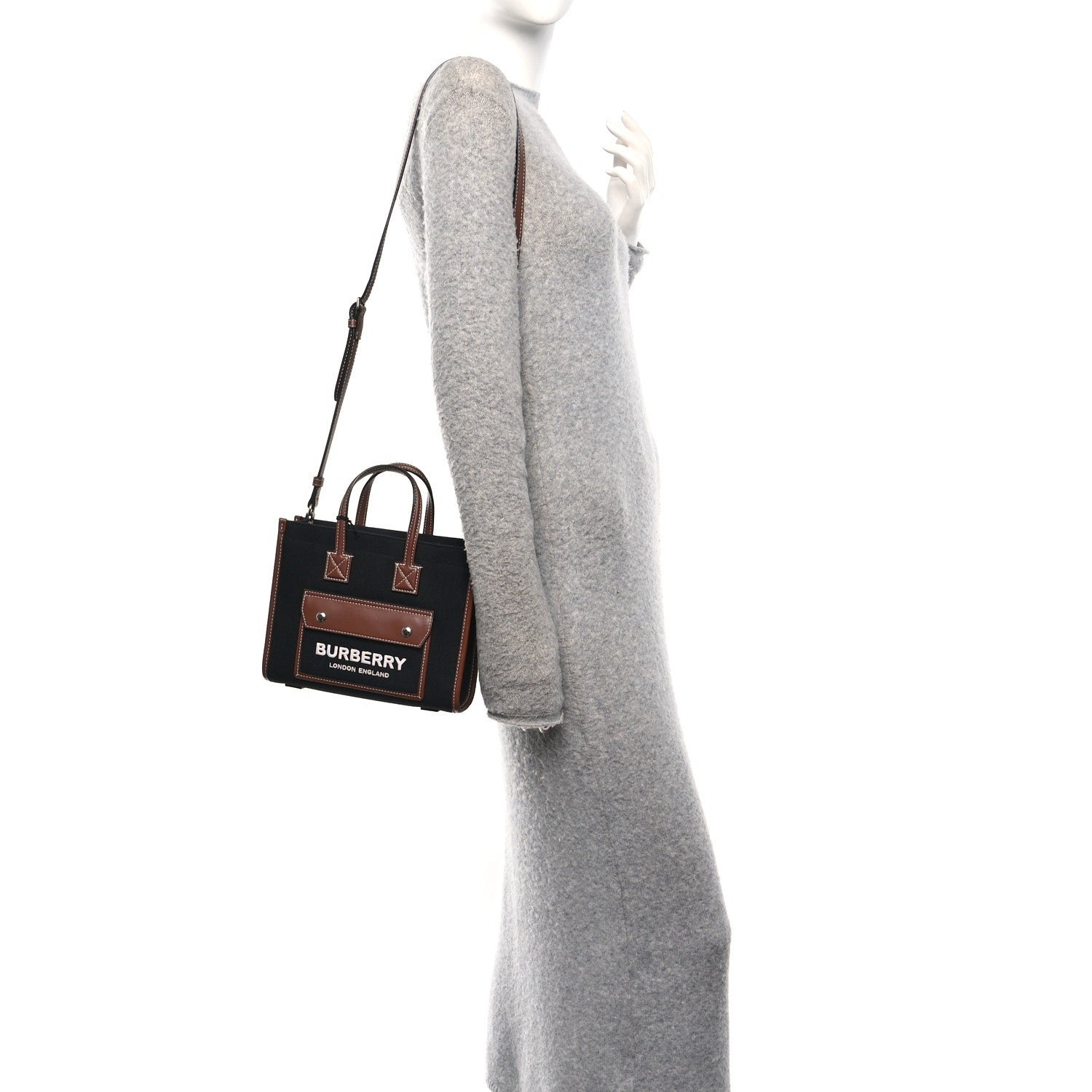 Burberry Canvas Smooth Calfskin Mini Two Tone Freya Tote Black Tan